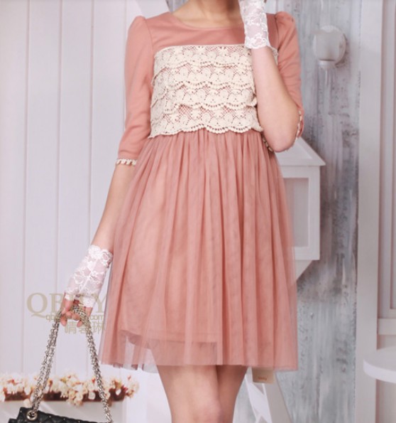 Pink color dress with white color lace